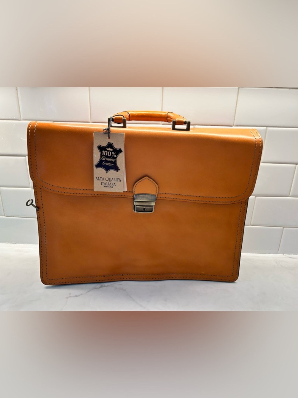 Italian Leather Briefcase - Tan Alta Qualita Italiana